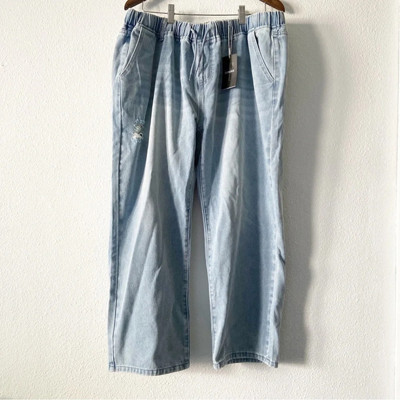 Drawstring High Waist Distress Jeans Fade Pants Pull On 2XL (14/16) Trendy NWT - Picture 2 of 14